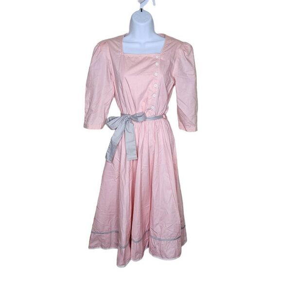 Vintage 80s Fit 7 Flare Dress Womens Size Small Pink Gray Belted Feminine Coquet - Picture 1 of 4